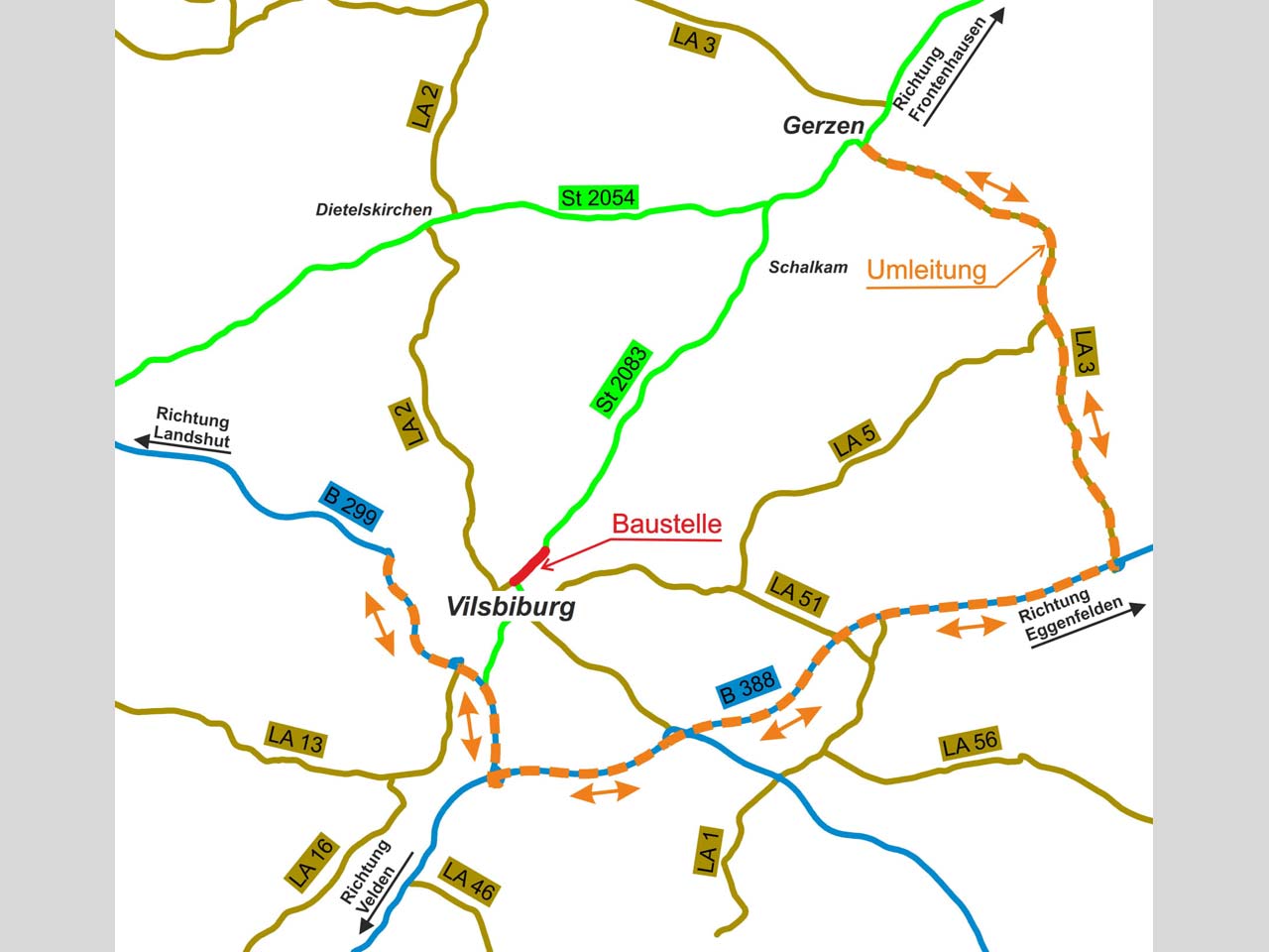 Grossansicht in neuem Fenster: Sanierung der Frontenhausener Straße - Umleitungsplan