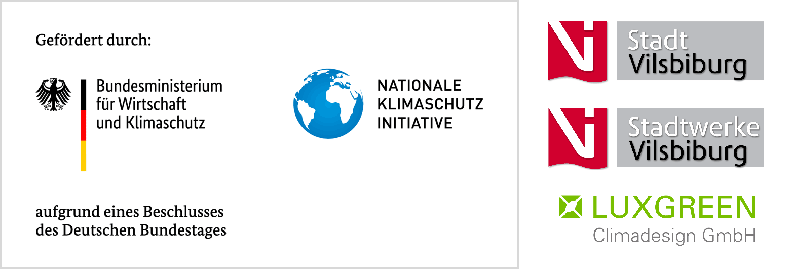 Logos Nationale Klimaschutz Initiative, Stadt Vilsbiburg, Stadtwerke Vilsbiburg, Luxgreen Climadesign GmbH